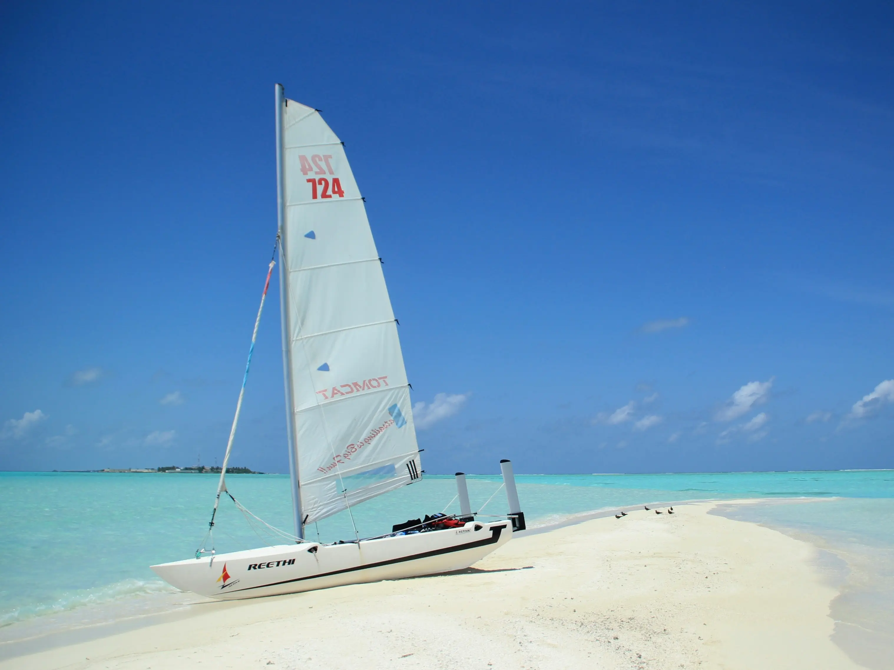 A sailing catamaran pulled up on a sandbank in the Maldives