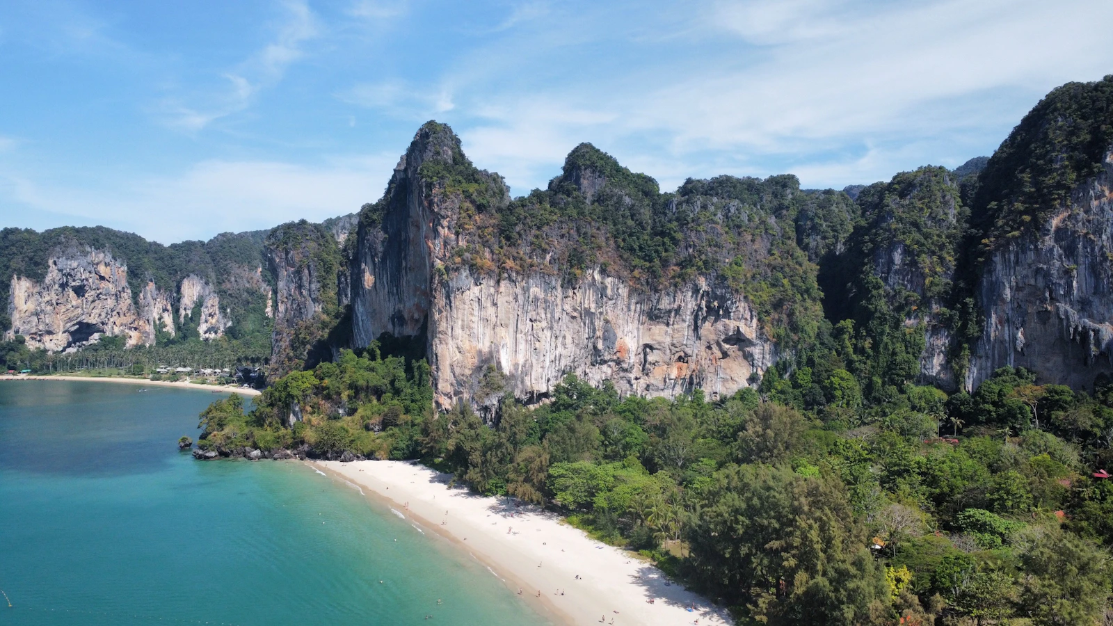 Aerial view of Railay Beach in Krabi surrounded by limestone mountains