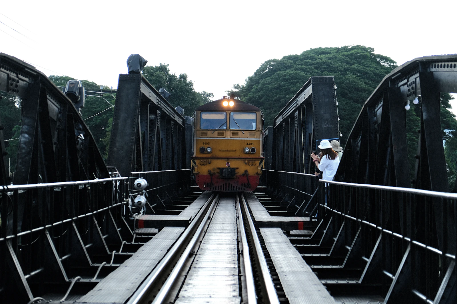 A train crossing the Bridge over the River Kwai in Kanchanaburi