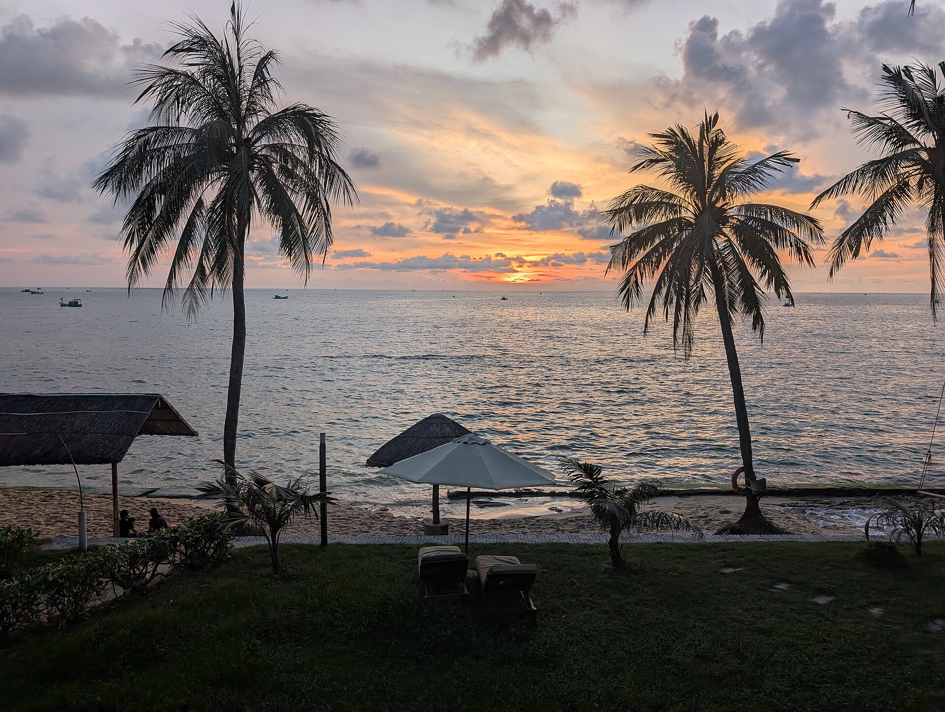 Palm trees and the sea at sunset on Phu Quoc